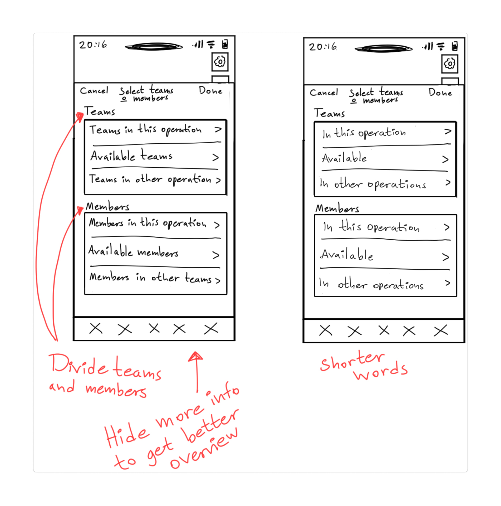Sketches of selecting teams and members with shorter labels and clearer grouping