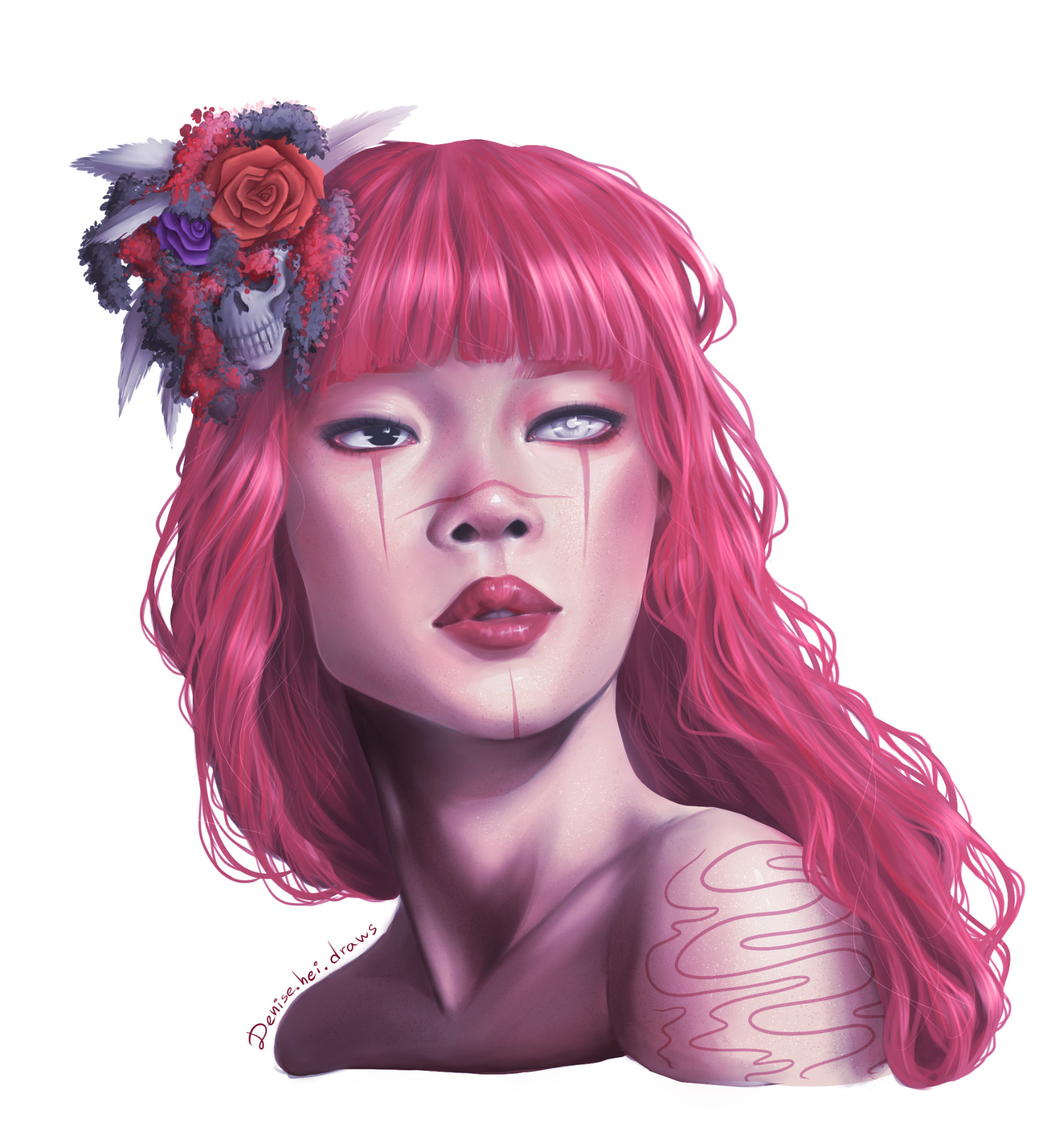 Semi-realistic Halloween portrait of a woman with a floral skull headpiece