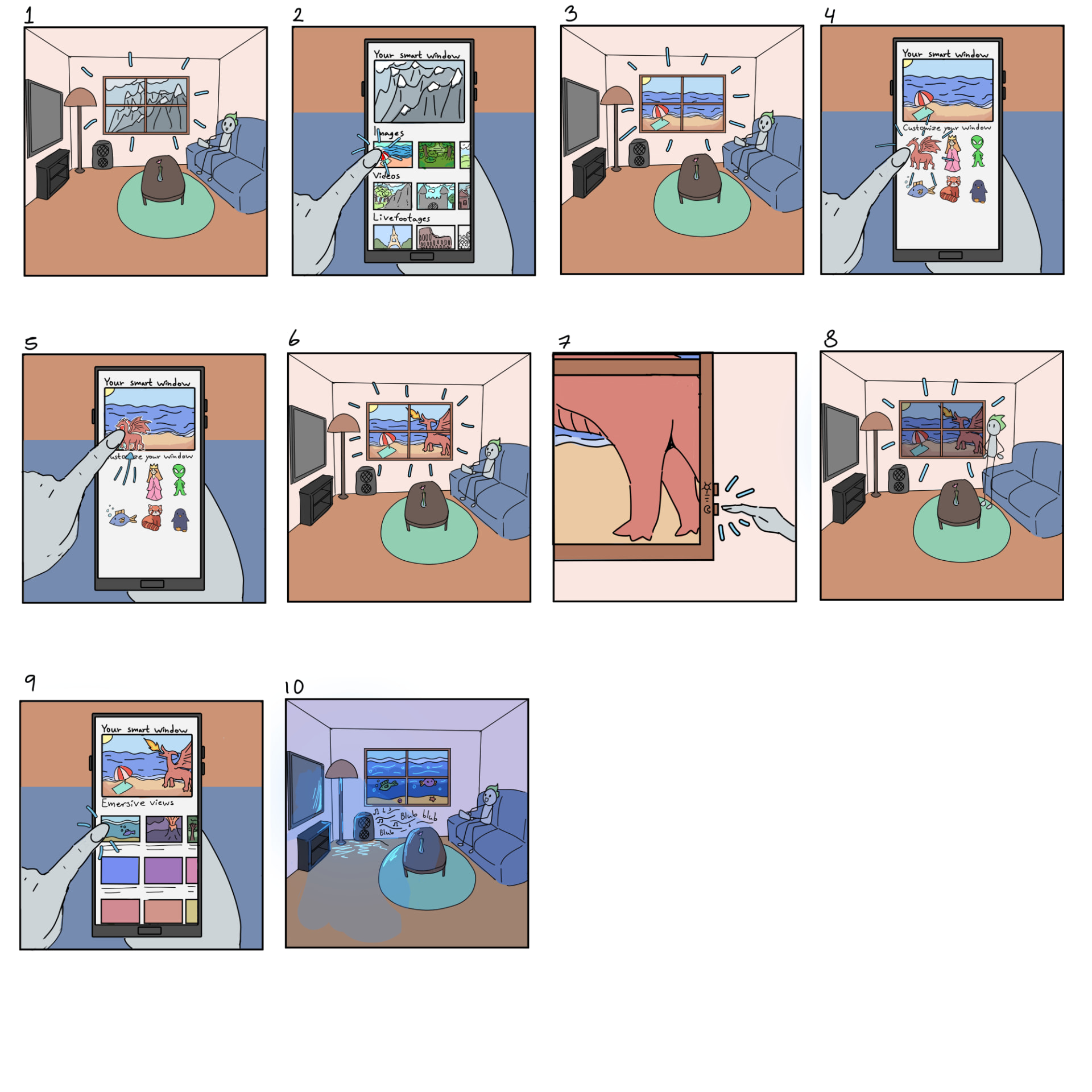 Ten-panel storyboard for a customizable smart window app