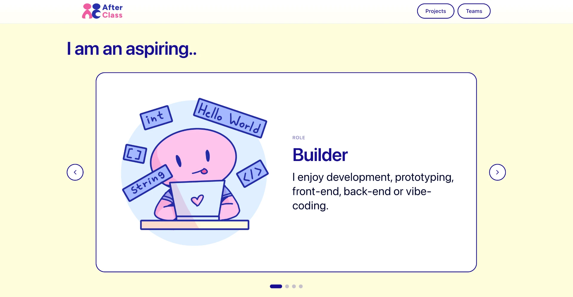 AfterClass role carousel showing the Builder role
