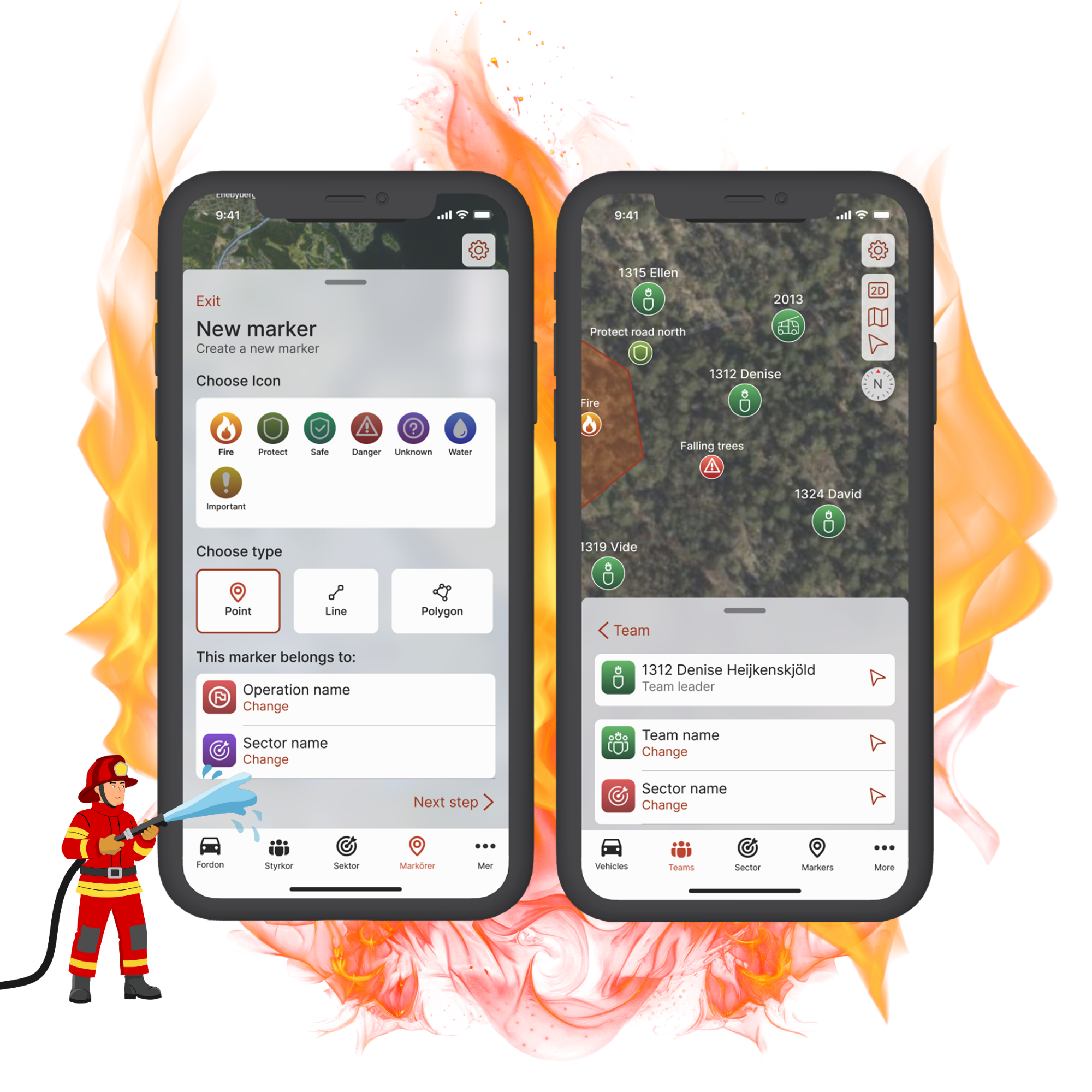 INCA WFS coordination tool shown on iPhones with firefighter themed decoration